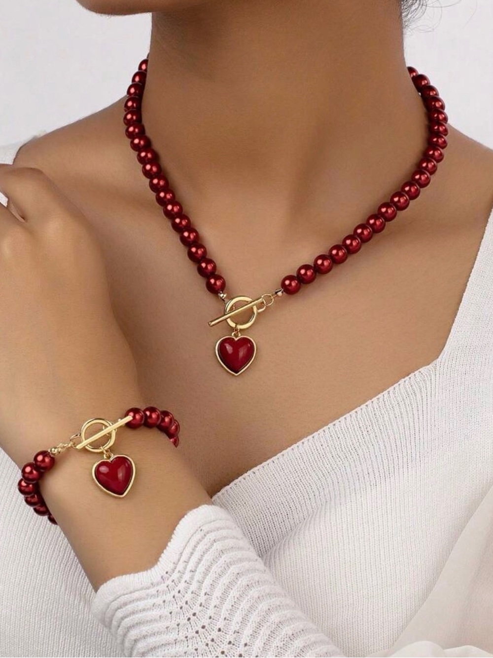 Red Pearl Heart Pendant Necklace & Bracelet Set - Unbranded